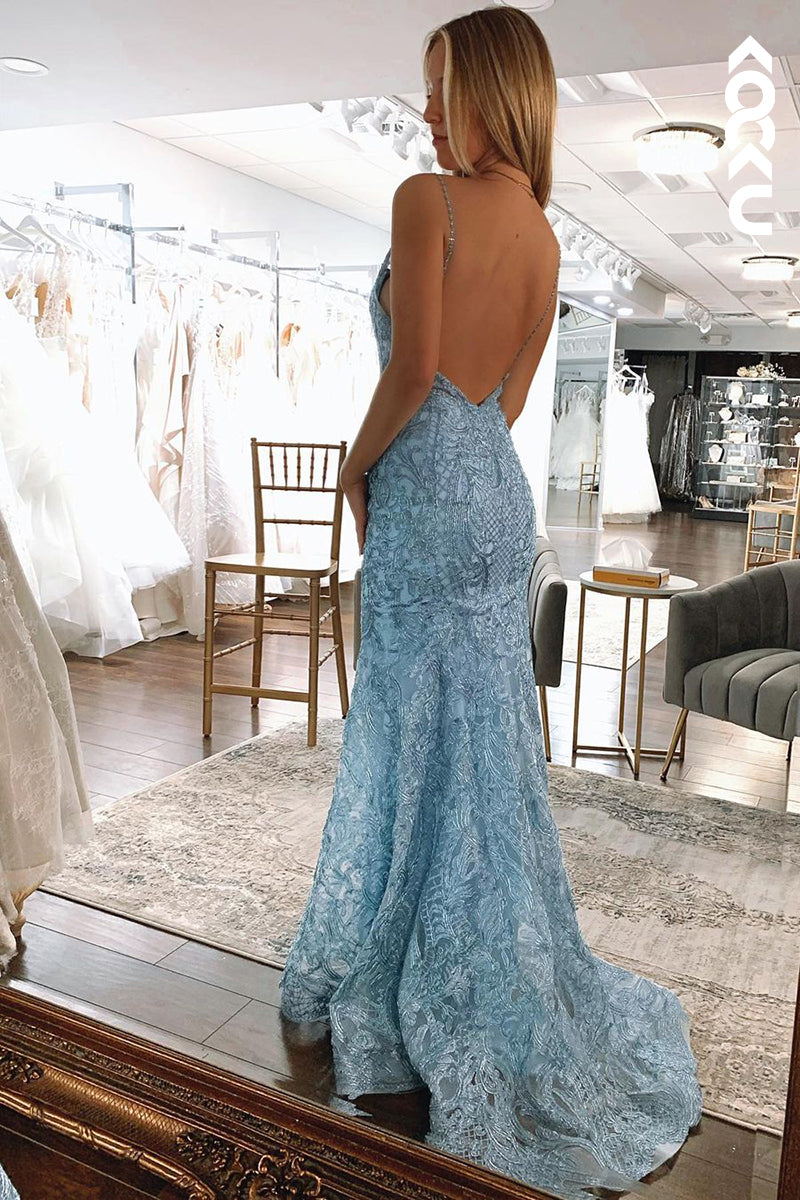 L1379 - Sheath/Column V-Neck Lace Appliques Backless Prom Evening Formal Dress
