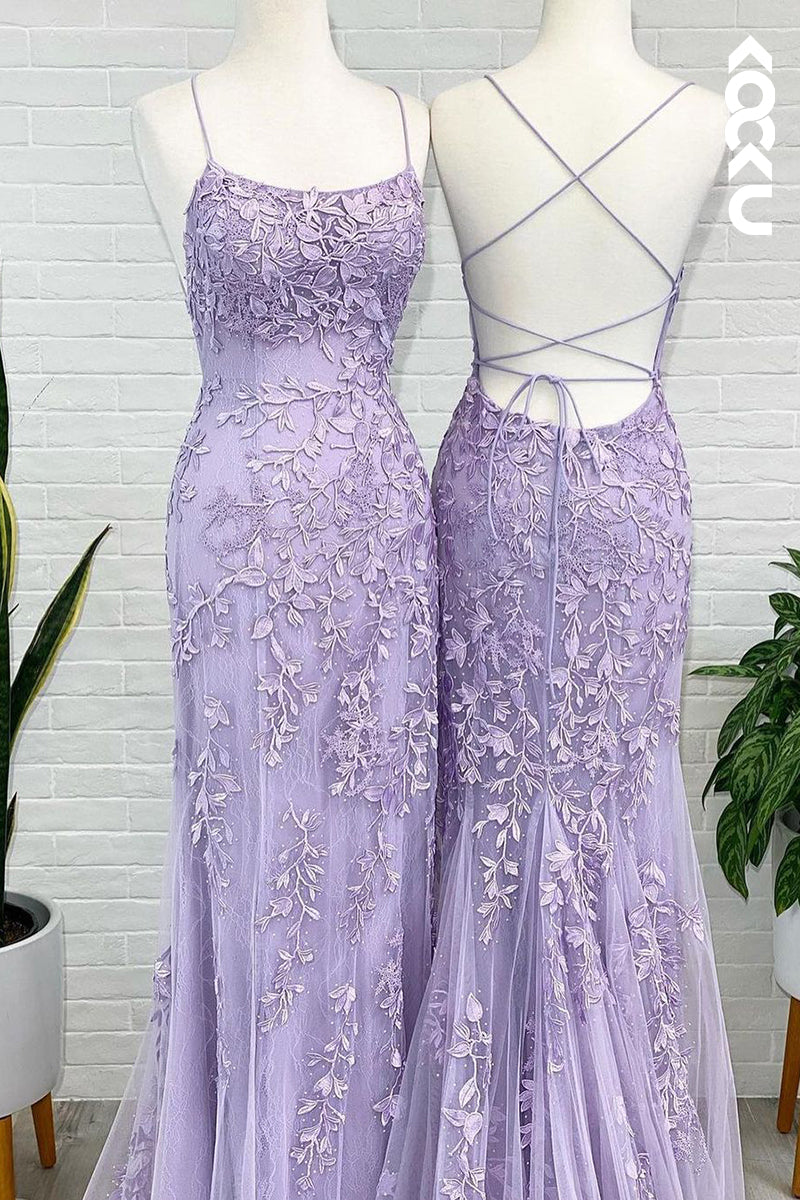 L1380 - Sheath/Column Straps Tulle Appliques Sleeveless Prom Evening Formal Dress