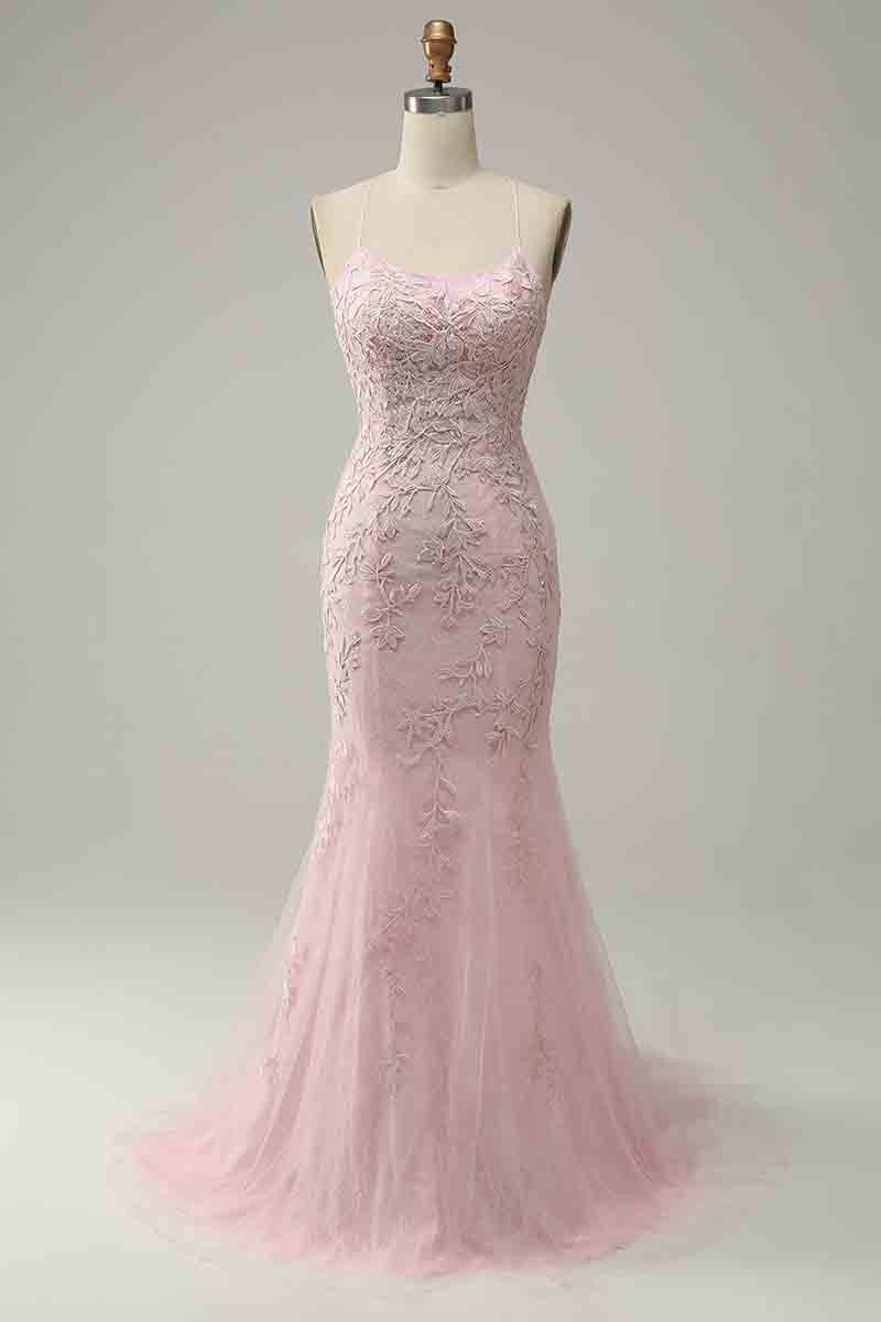 L1380 - Sheath/Column Straps Tulle Appliques Sleeveless Prom Evening Formal Dress