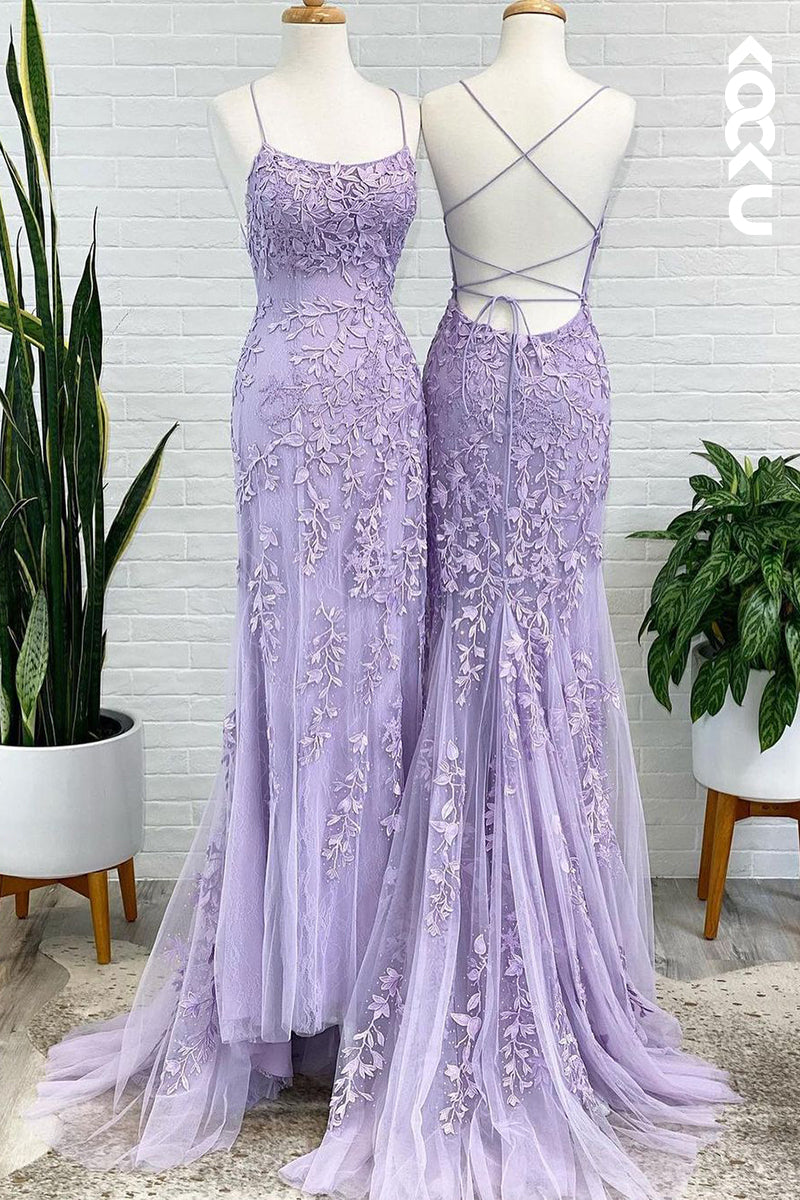 L1380 - Sheath/Column Straps Tulle Appliques Sleeveless Prom Evening Formal Dress