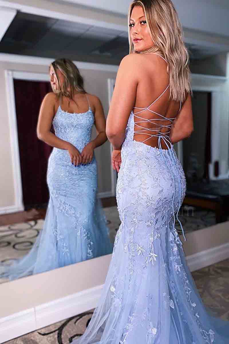 L1380 - Sheath/Column Straps Tulle Appliques Sleeveless Prom Evening Formal Dress
