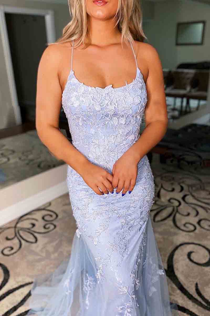 L1380 - Sheath/Column Straps Tulle Appliques Sleeveless Prom Evening Formal Dress