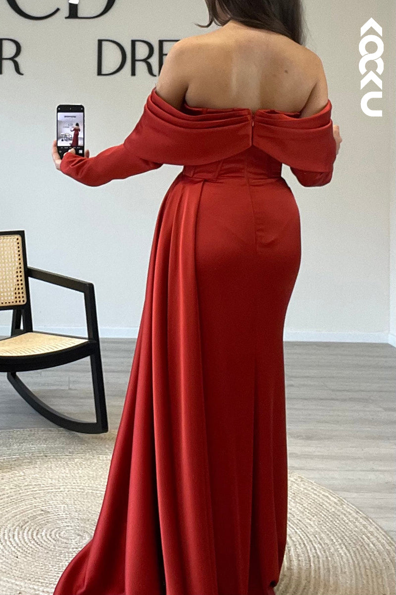 L1392 - Off Shoulder Long Sleeves Satin Mermaid Long Formal Evening Dress
