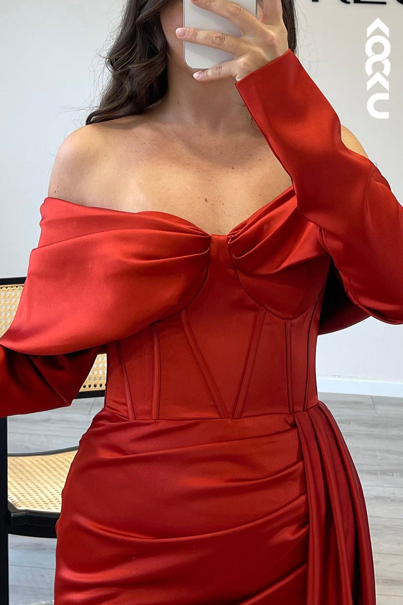 L1392 - Off Shoulder Long Sleeves Satin Mermaid Long Formal Evening Dress