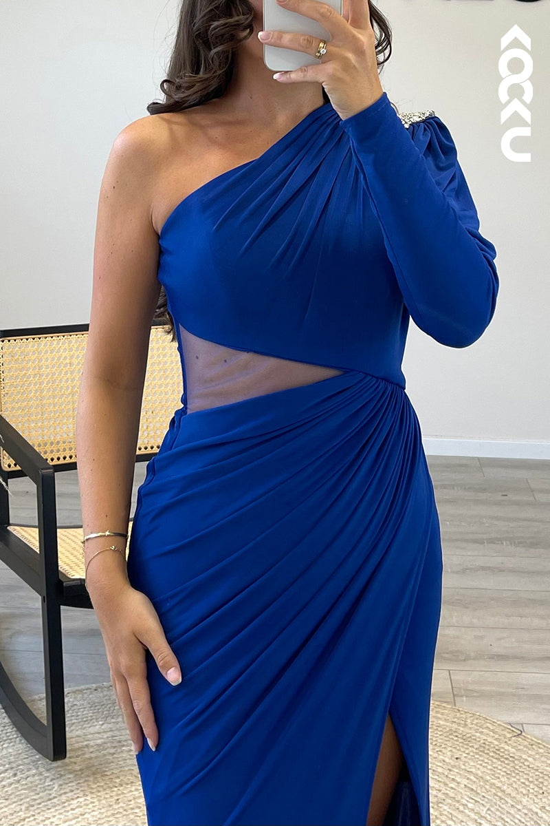 L1396 - One Shoulder Beaded Satin Pleated Mermaid Long Formal Dress With Slit
