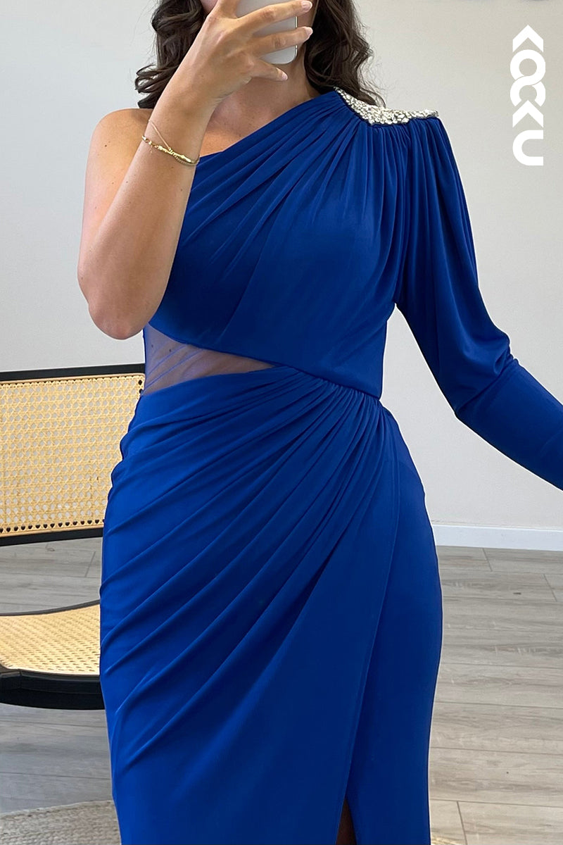 L1396 - One Shoulder Beaded Satin Pleated Mermaid Long Formal Dress With Slit