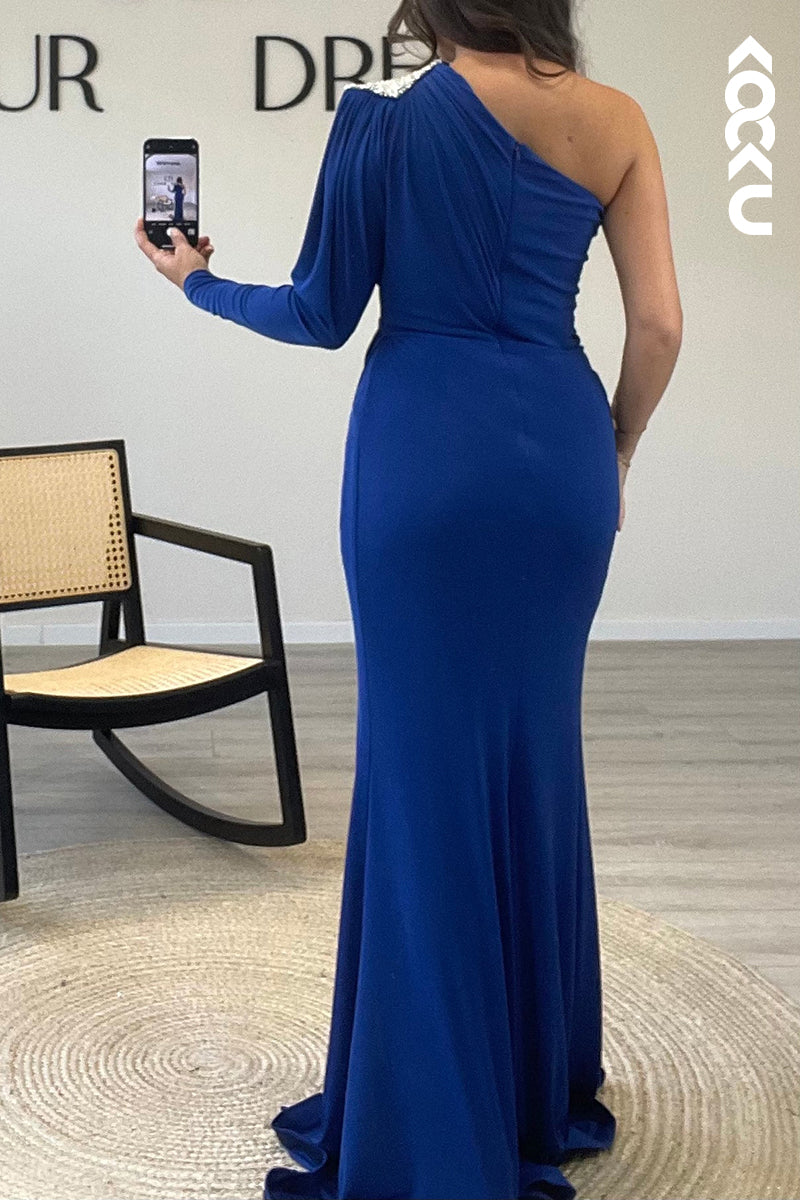 L1396 - One Shoulder Beaded Satin Pleated Mermaid Long Formal Dress With Slit