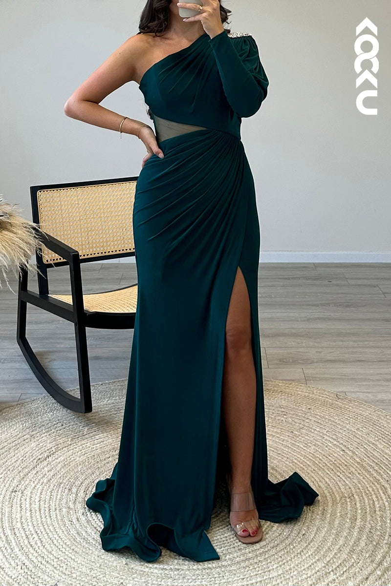 L1396 - One Shoulder Beaded Satin Pleated Mermaid Long Formal Dress With Slit