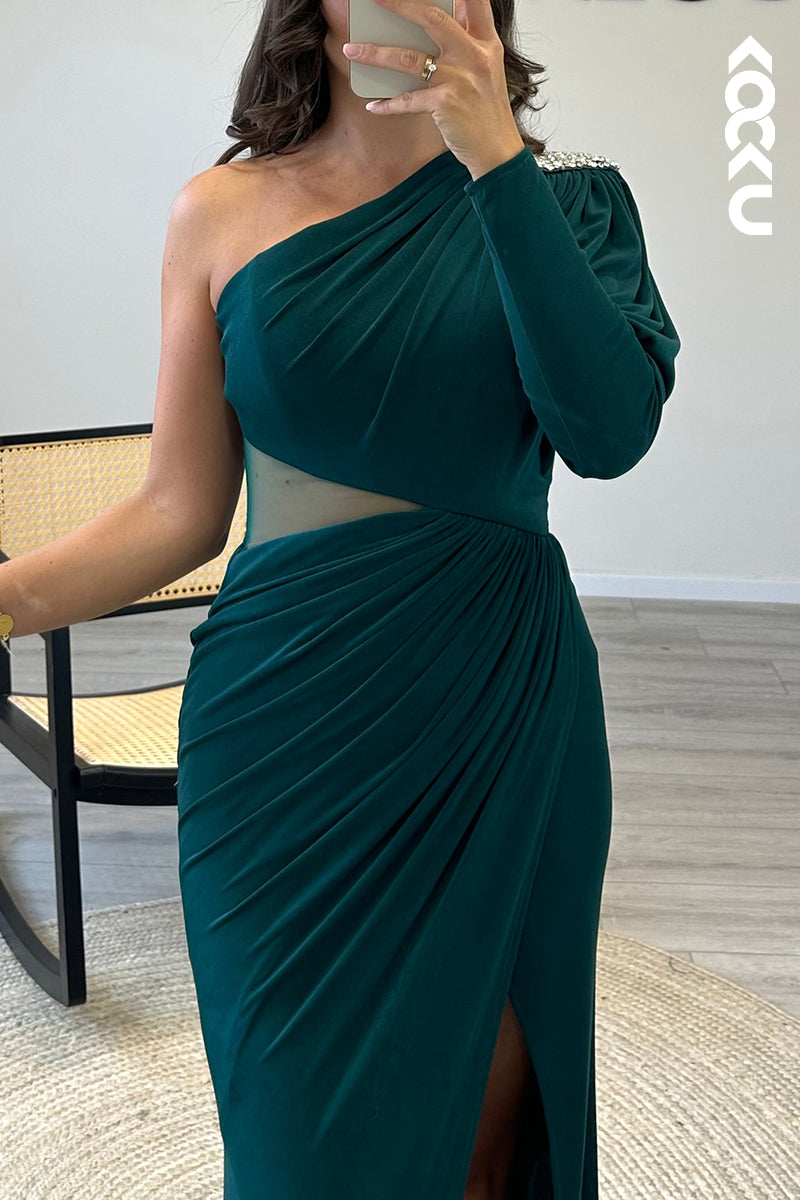 L1396 - One Shoulder Beaded Satin Pleated Mermaid Long Formal Dress With Slit
