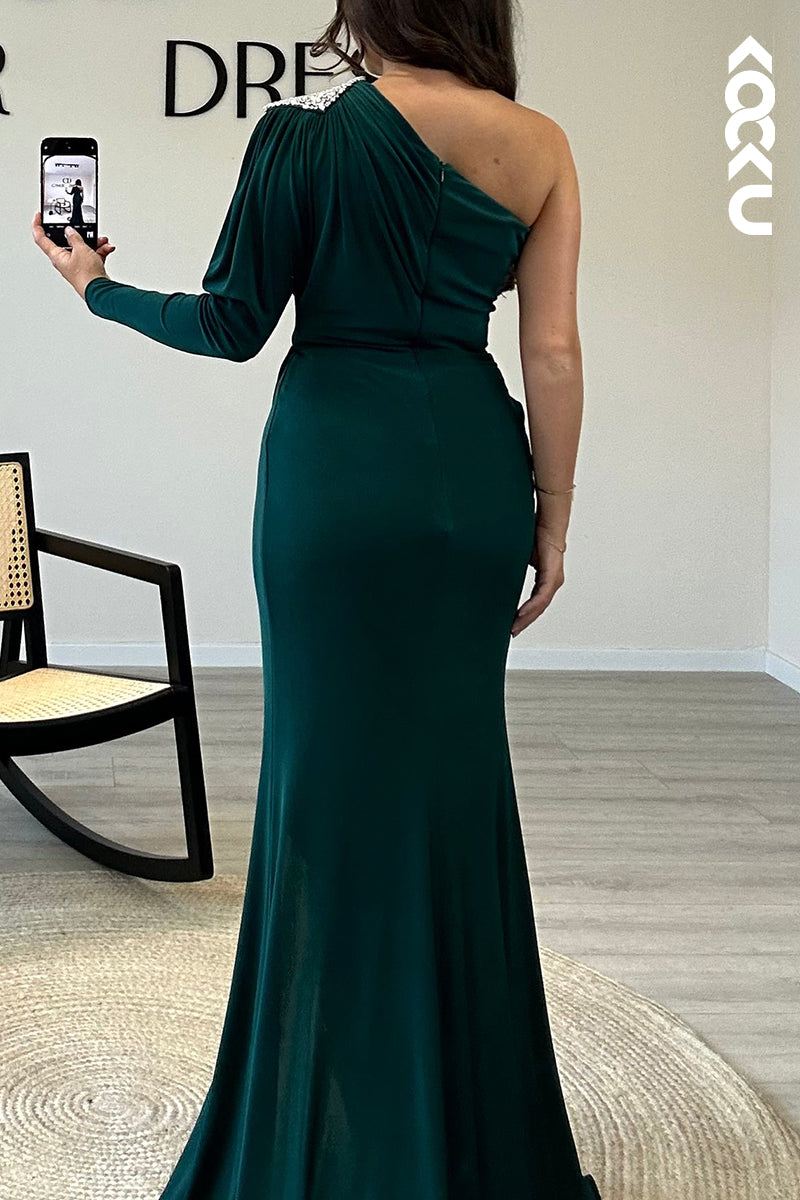 L1396 - One Shoulder Beaded Satin Pleated Mermaid Long Formal Dress With Slit