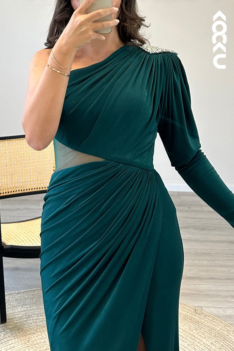 L1396 - One Shoulder Beaded Satin Pleated Mermaid Long Formal Dress With Slit