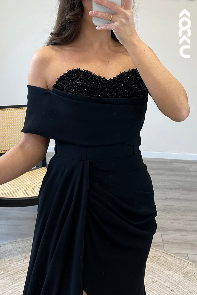 L1403 - Mermaid/Trumpet One Shoulder Beaded Satin Long Formal Evening Dress