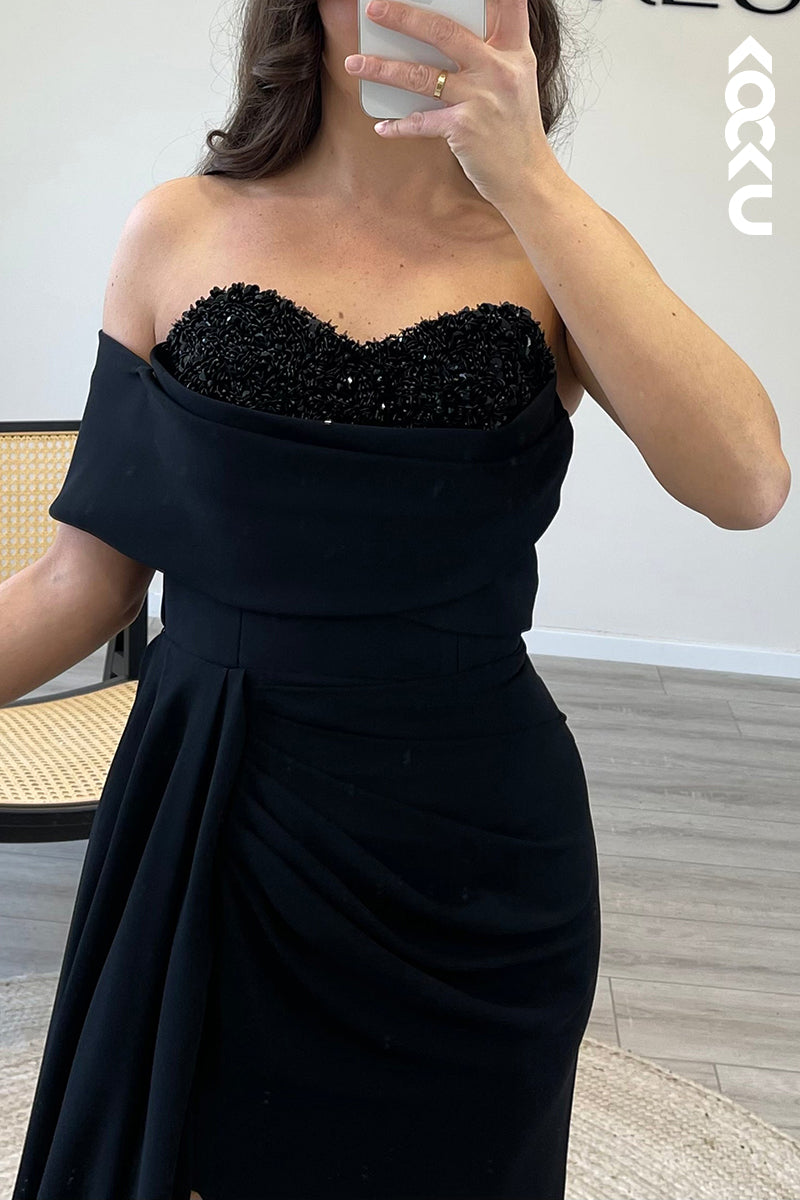 L1403 - Mermaid/Trumpet One Shoulder Beaded Satin Long Formal Evening Dress