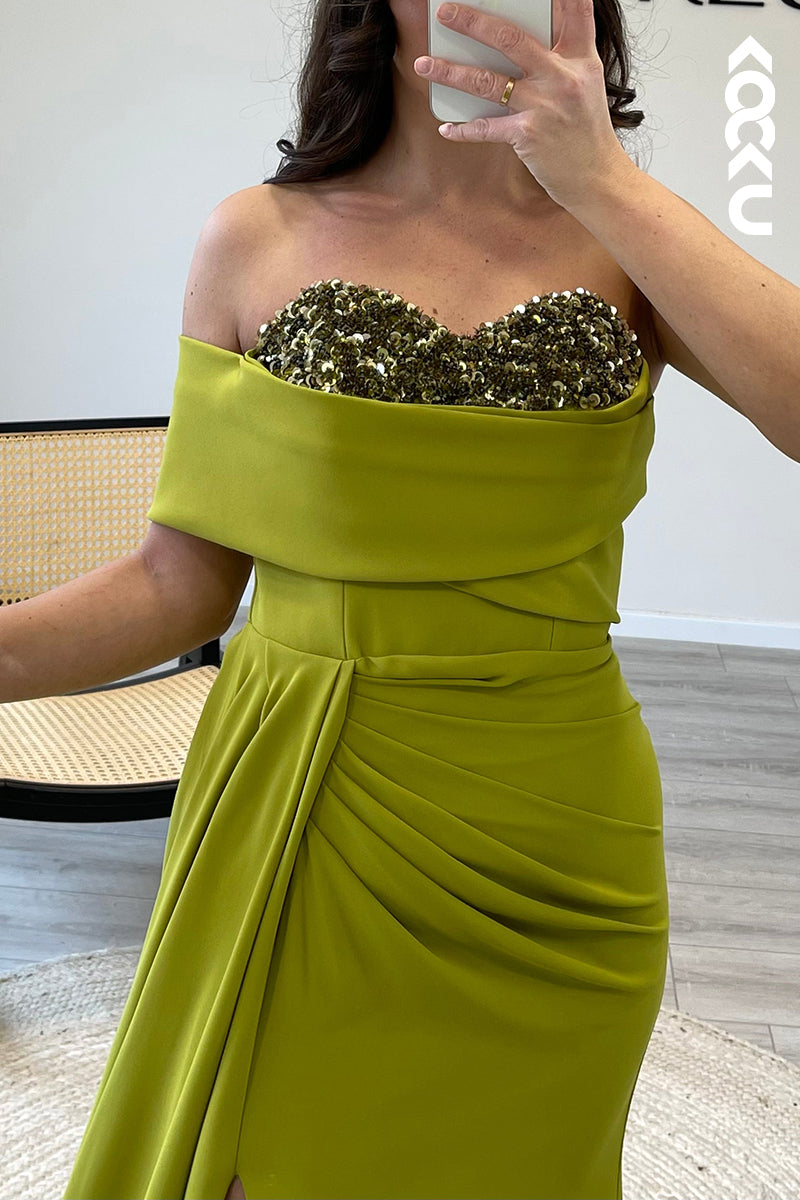 L1403 - Mermaid/Trumpet One Shoulder Beaded Satin Long Formal Evening Dress
