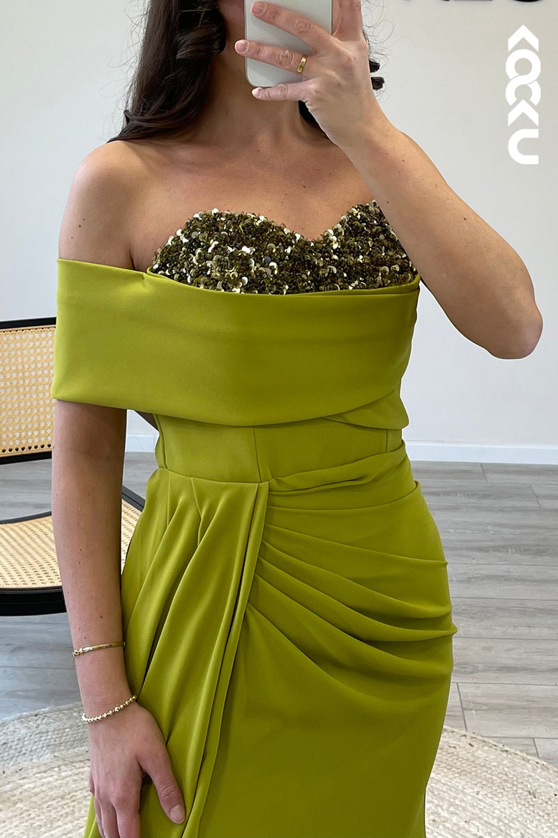 L1403 - Mermaid/Trumpet One Shoulder Beaded Satin Long Formal Evening Dress