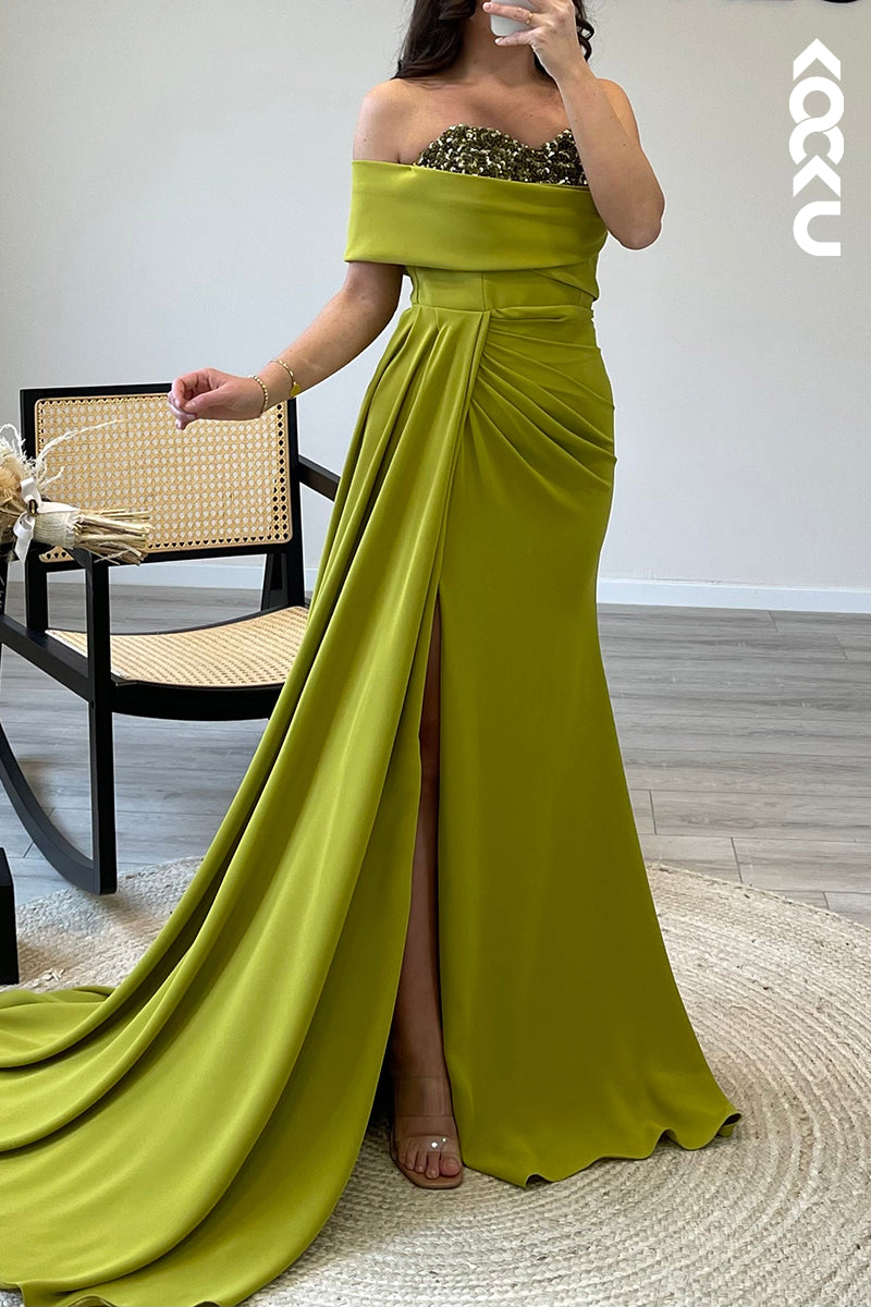 L1403 - Mermaid/Trumpet One Shoulder Beaded Satin Long Formal Evening Dress