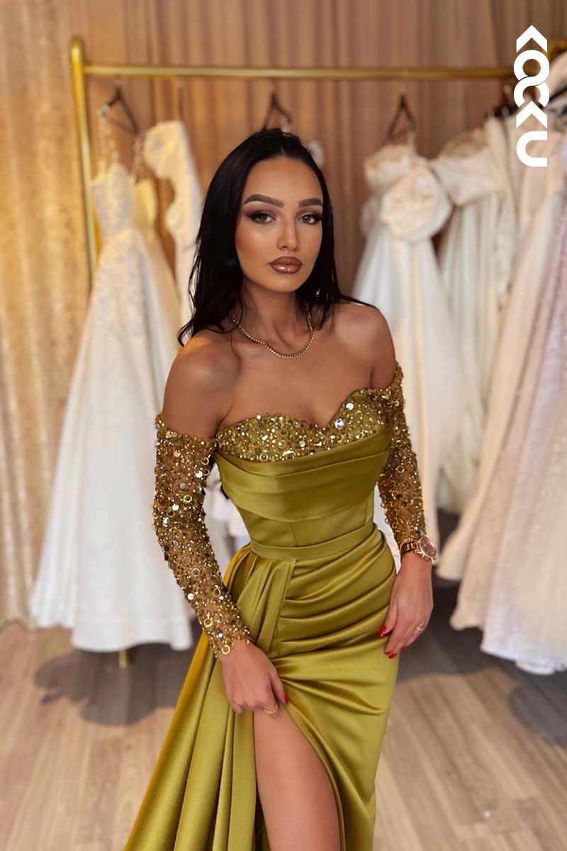 L1440 - Sweetheart Sequins Long Sleeves Satin Prom Evening Formal Dress