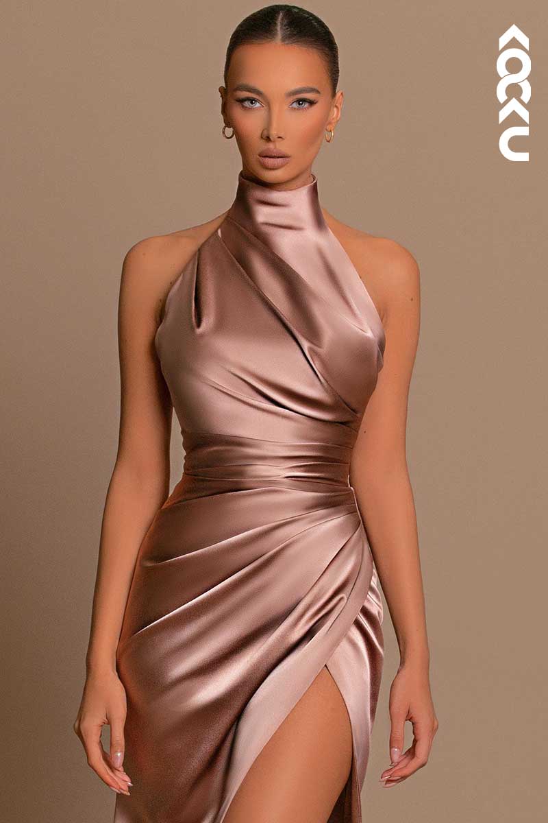 L1442 - High Neck Halter Ruched Satin Long Prom Evening Formal Dress With Slit