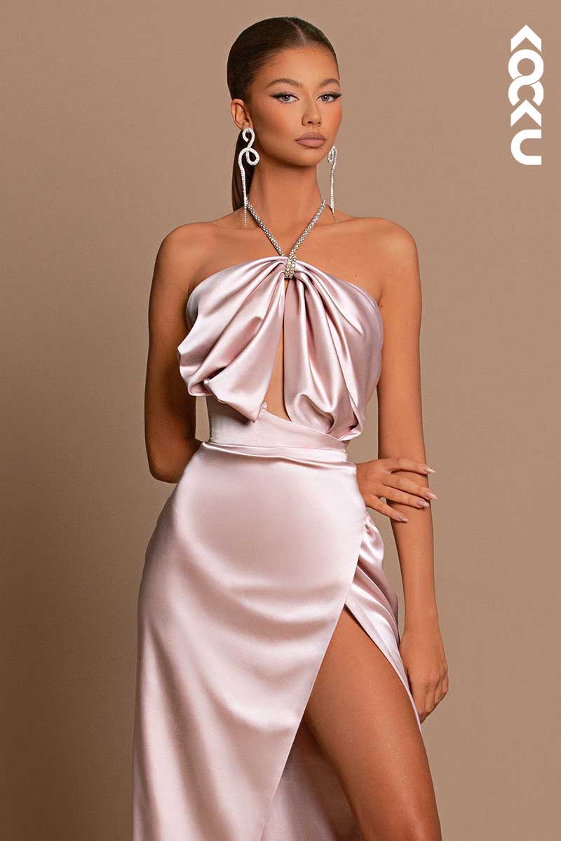 L1443 - Halter Sleeveless Cut Outs Long Prom Evening Formal Dress With Slit