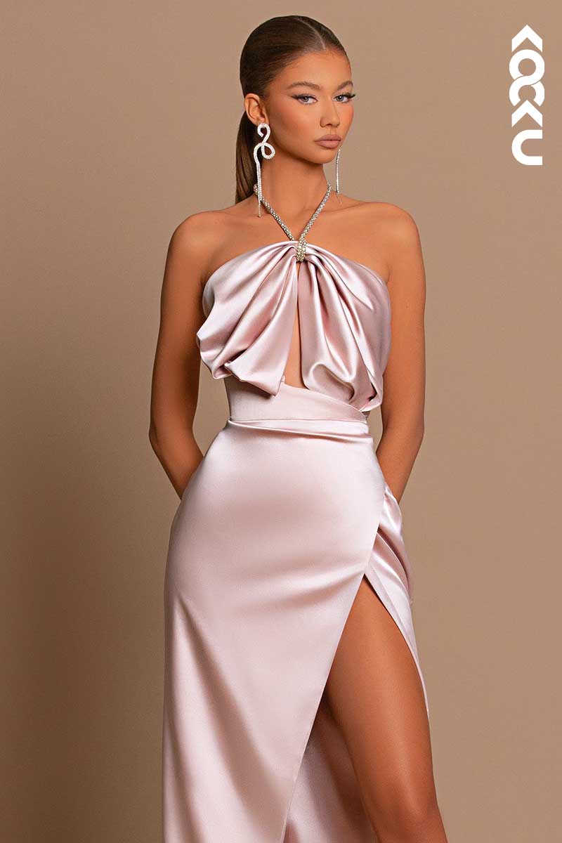 L1443 - Halter Sleeveless Cut Outs Long Prom Evening Formal Dress With Slit