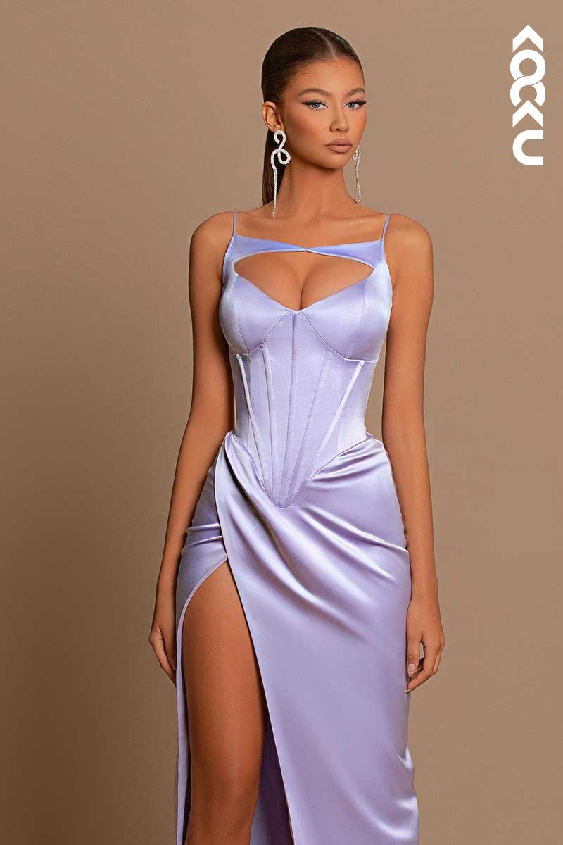 L1446 - Spaghetti Straps Cut Outs Long Prom Evening Formal Dress With Slit