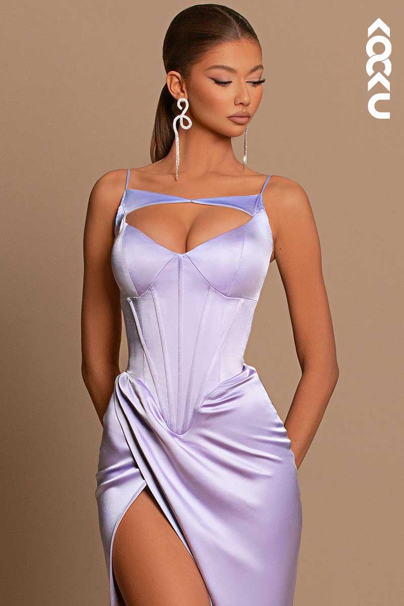 L1446 - Spaghetti Straps Cut Outs Long Prom Evening Formal Dress With Slit