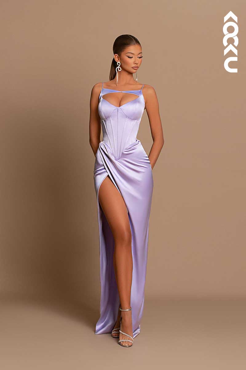 L1446 - Spaghetti Straps Cut Outs Long Prom Evening Formal Dress With Slit