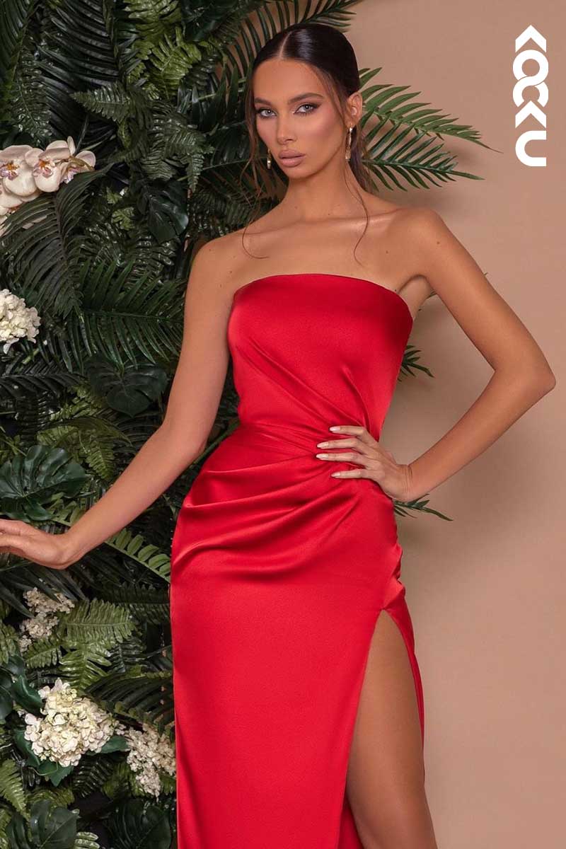 L1453 - Strapless Ruched Satin Sheath Long Prom Evening Formal Dress With Slit