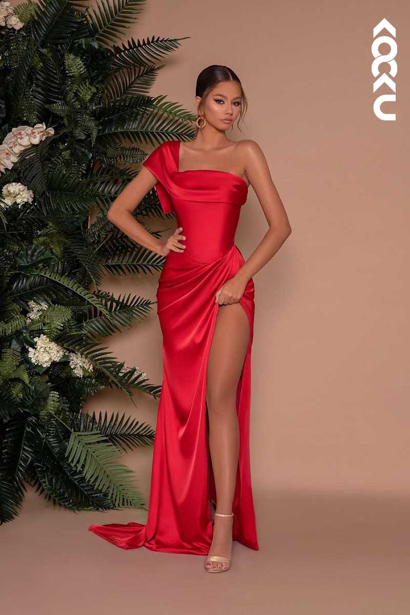L1454 - One Shoulder Satin Sheath Long Prom Evening Formal Dress With Slit