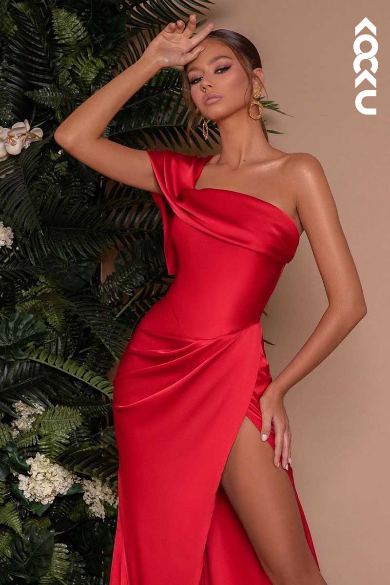 L1454 - One Shoulder Satin Sheath Long Prom Evening Formal Dress With Slit