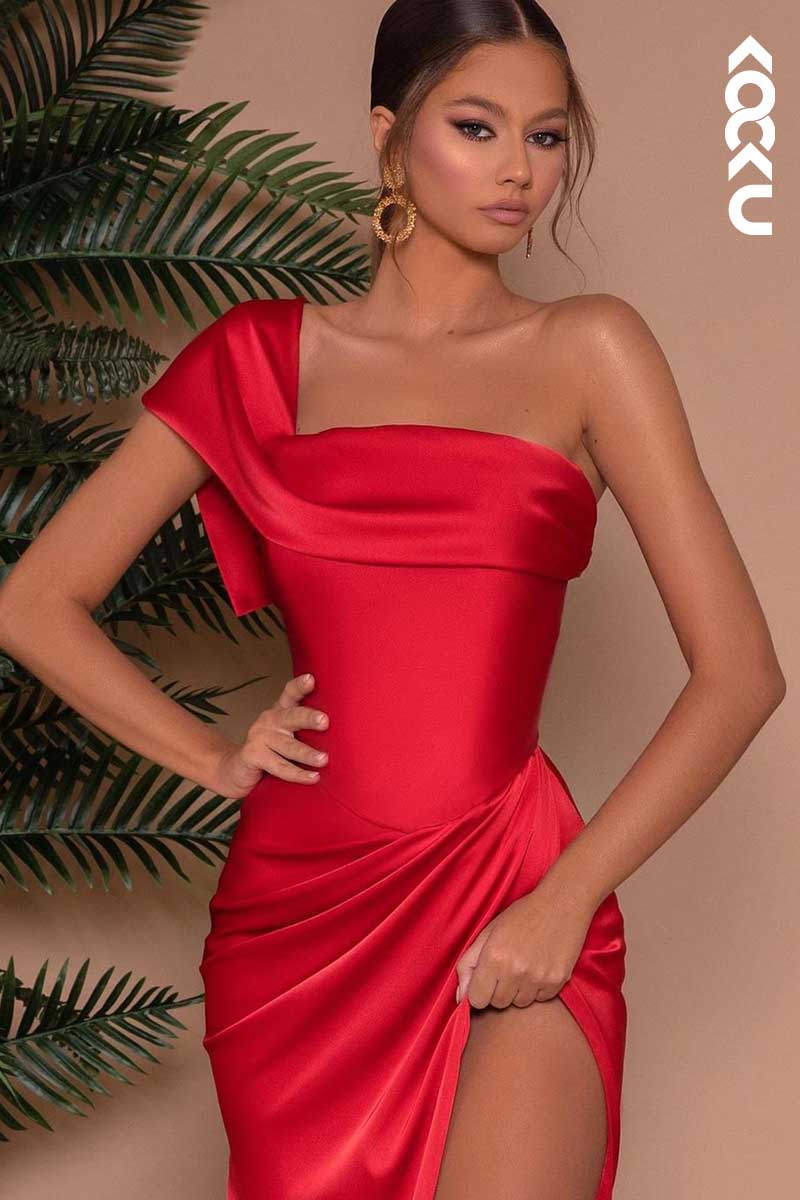 L1454 - One Shoulder Satin Sheath Long Prom Evening Formal Dress With Slit