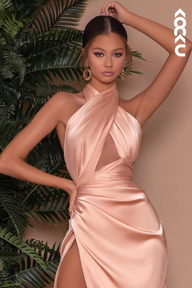 L1459 - Cross Neck Halter Cut Outs Long Prom Evening Formal Dress With Slit