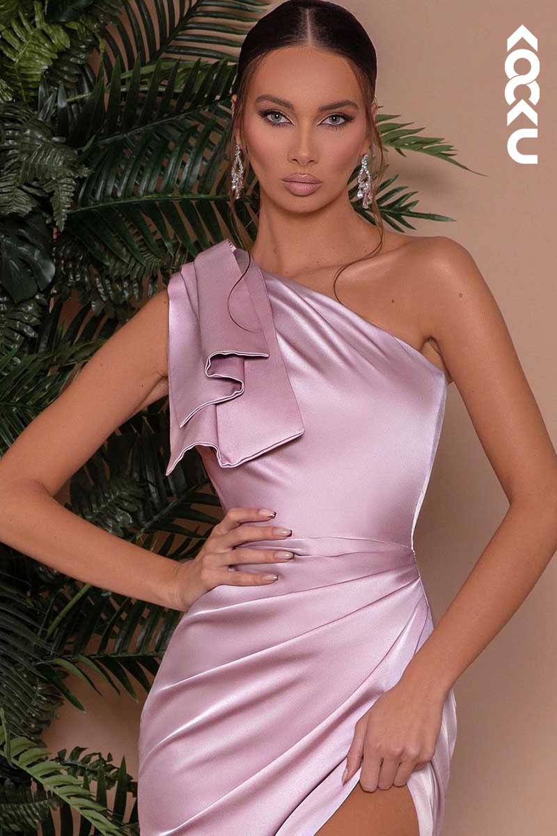 L1460 - One Shoulder Ruched Satin Long Prom Evening Formal Dress With Slit