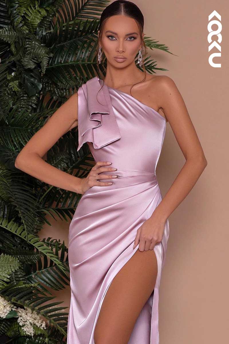 L1460 - One Shoulder Ruched Satin Long Prom Evening Formal Dress With Slit