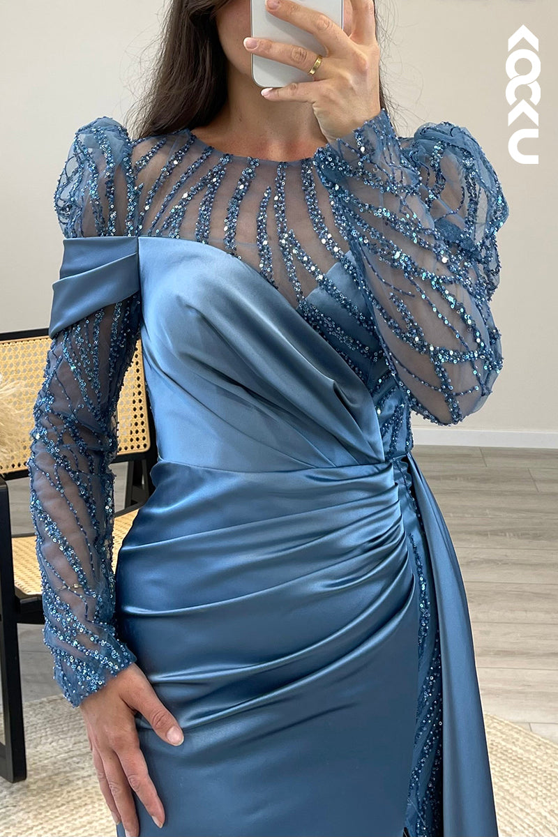 L1466 - Scoop Long Sleeves Beaded Satin Mermaid Long Semi Formal Dress