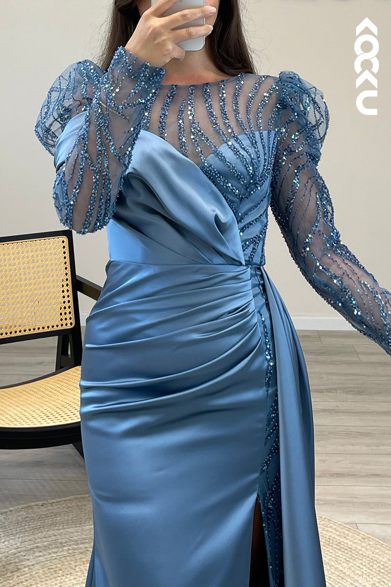 L1466 - Scoop Long Sleeves Beaded Satin Mermaid Long Semi Formal Dress
