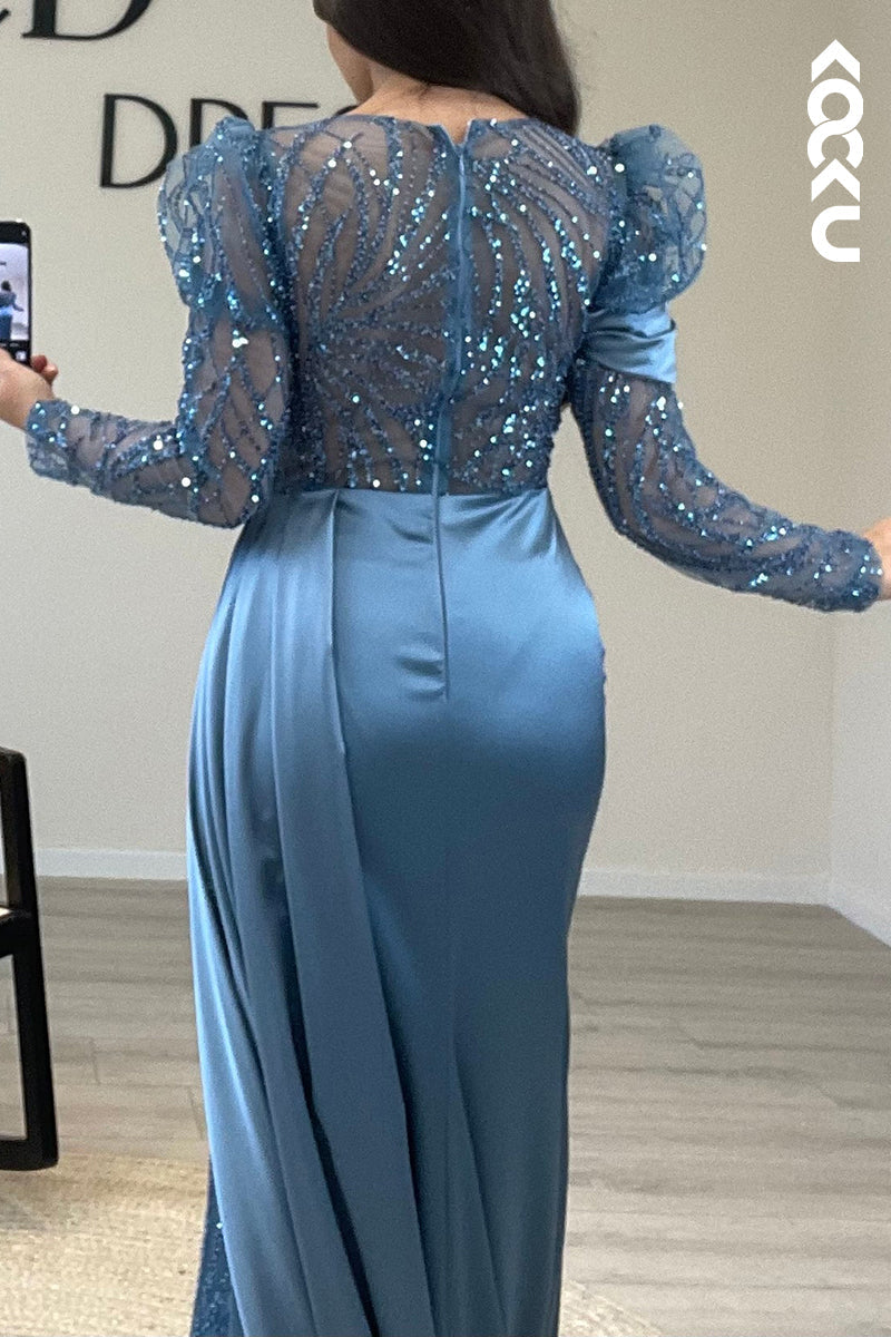 L1466 - Scoop Long Sleeves Beaded Satin Mermaid Long Semi Formal Dress