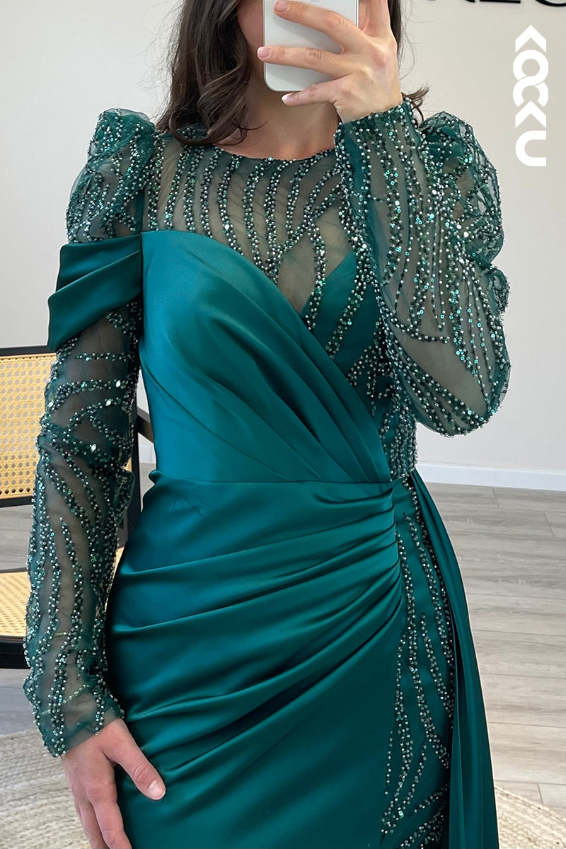L1466 - Scoop Long Sleeves Beaded Satin Mermaid Long Semi Formal Dress