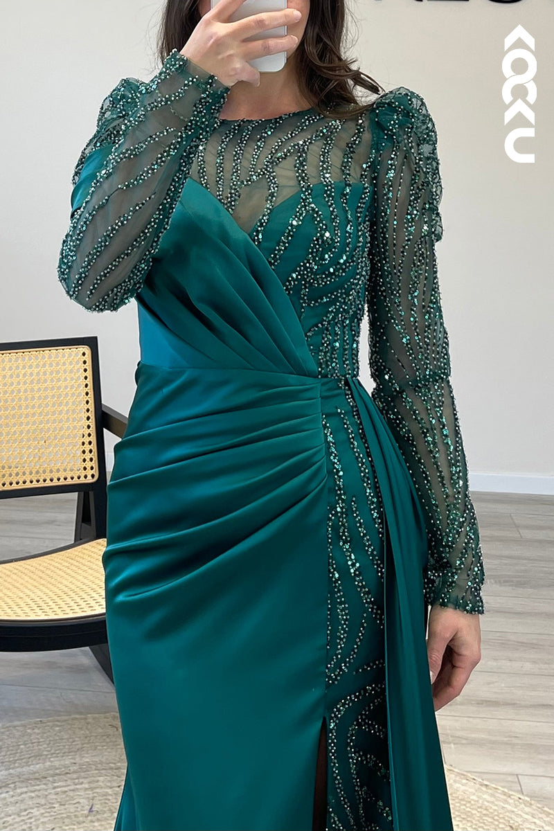 L1466 - Scoop Long Sleeves Beaded Satin Mermaid Long Semi Formal Dress