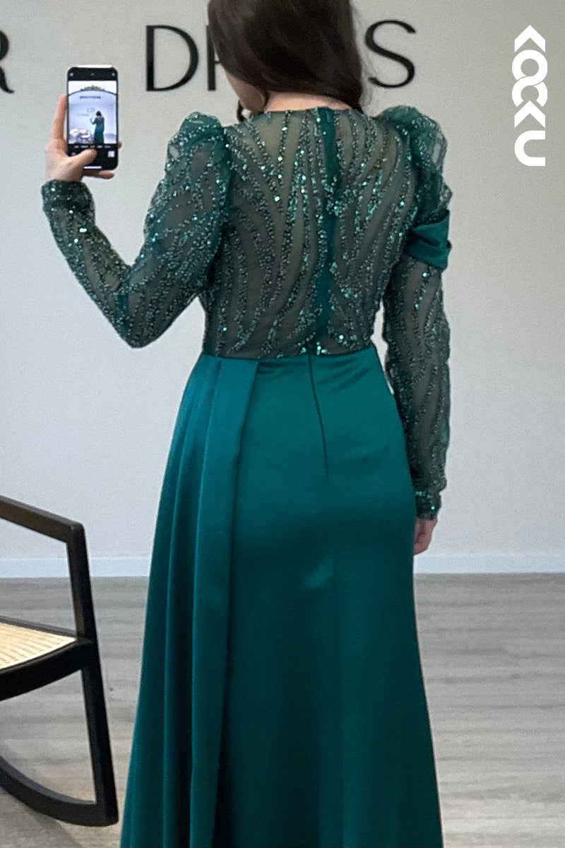 L1466 - Scoop Long Sleeves Beaded Satin Mermaid Long Semi Formal Dress