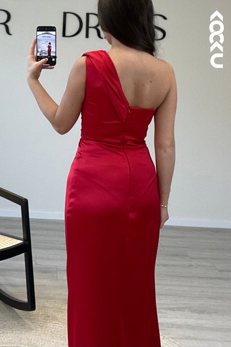 L1475 - One Shoulder Satin Pleated Mermaid Long Semi Formal Dress With Slit