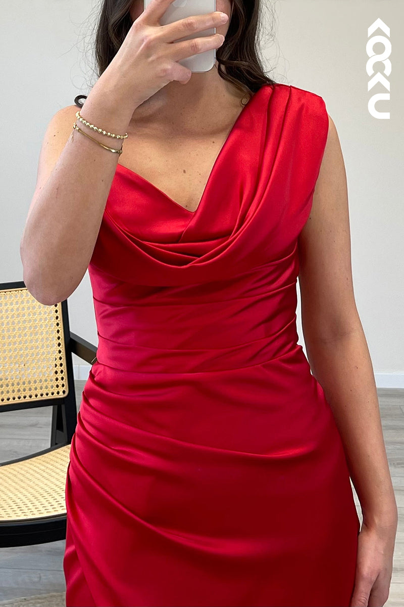 L1475 - One Shoulder Satin Pleated Mermaid Long Semi Formal Dress With Slit