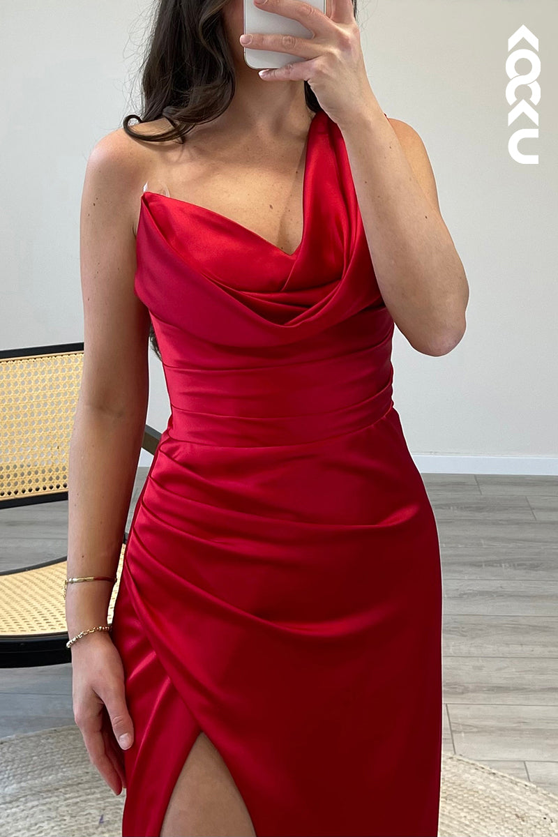 L1475 - One Shoulder Satin Pleated Mermaid Long Semi Formal Dress With Slit