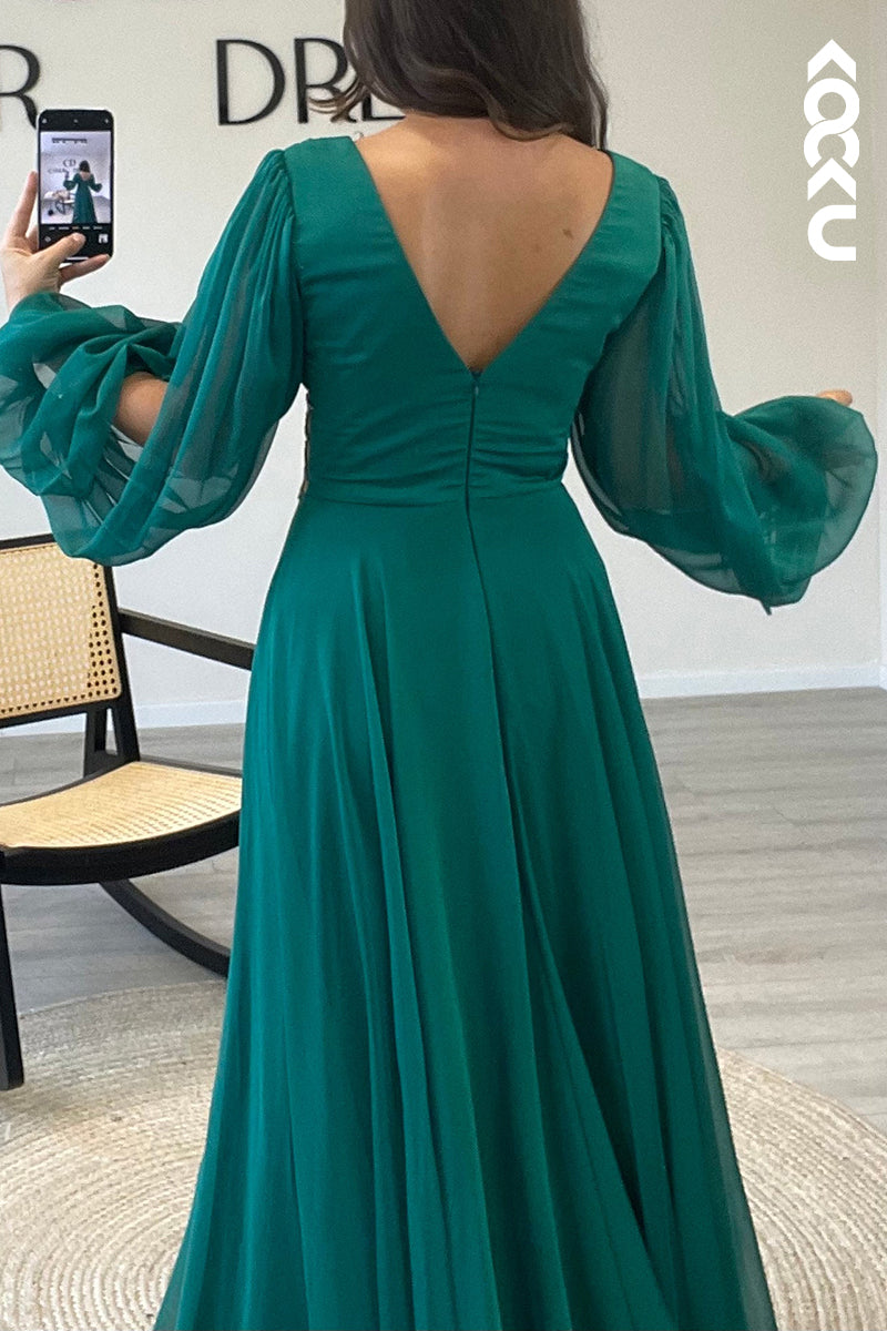 L1476 - V Neck Long Sleeves Chiffon Pleated A Line Long Semi Formal Dress