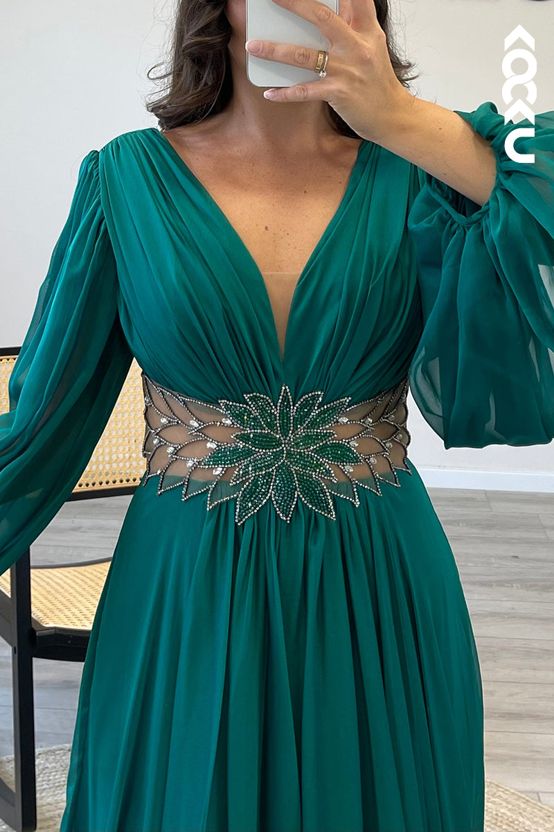 L1476 - V Neck Long Sleeves Chiffon Pleated A Line Long Semi Formal Dress