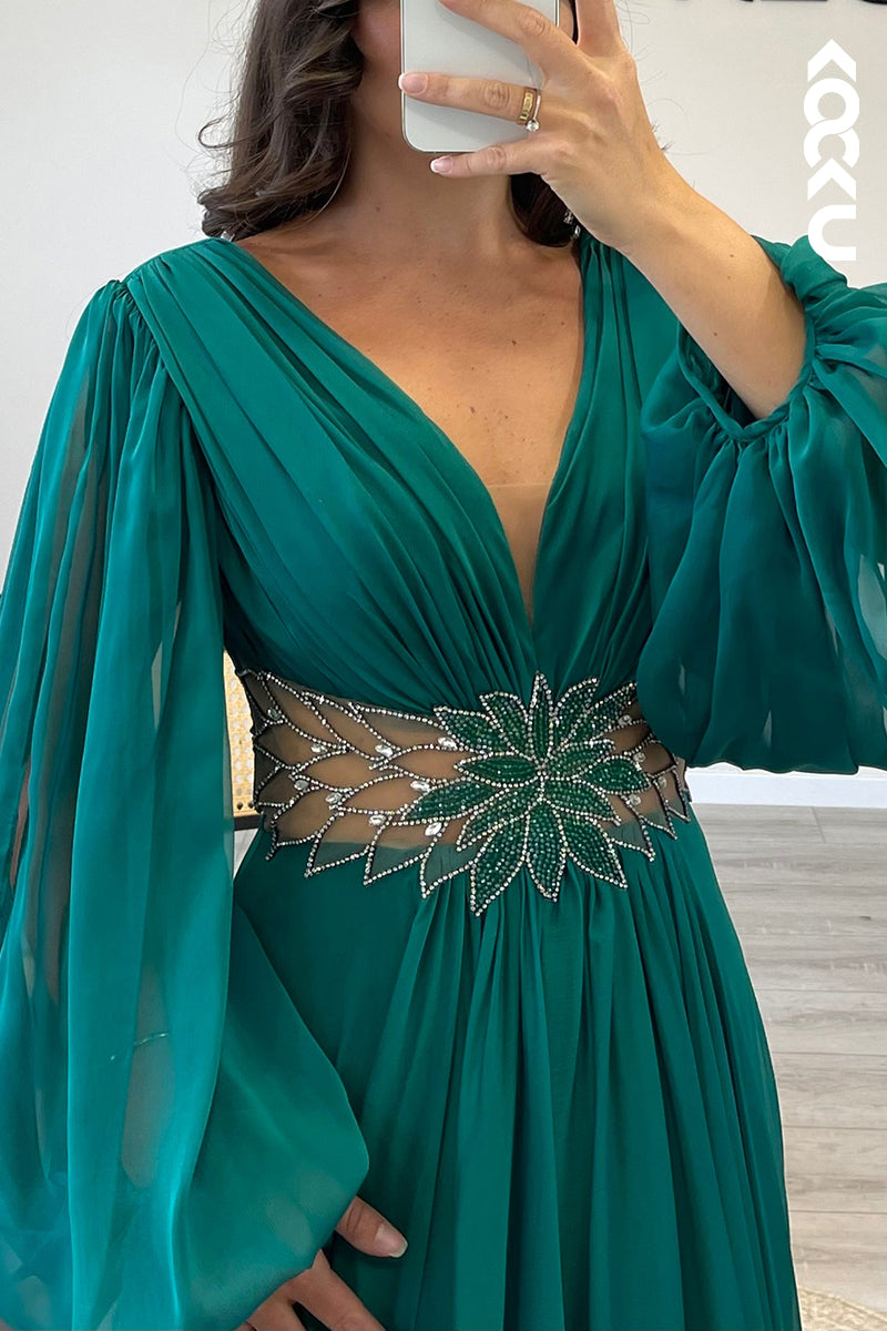 L1476 - V Neck Long Sleeves Chiffon Pleated A Line Long Semi Formal Dress