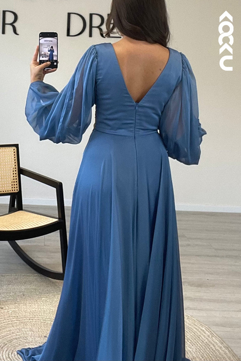 L1476 - V Neck Long Sleeves Chiffon Pleated A Line Long Semi Formal Dress