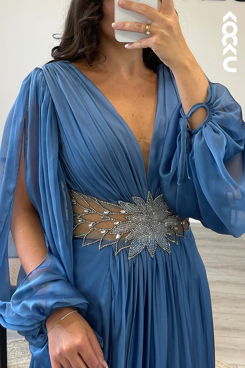 L1476 - V Neck Long Sleeves Chiffon Pleated A Line Long Semi Formal Dress
