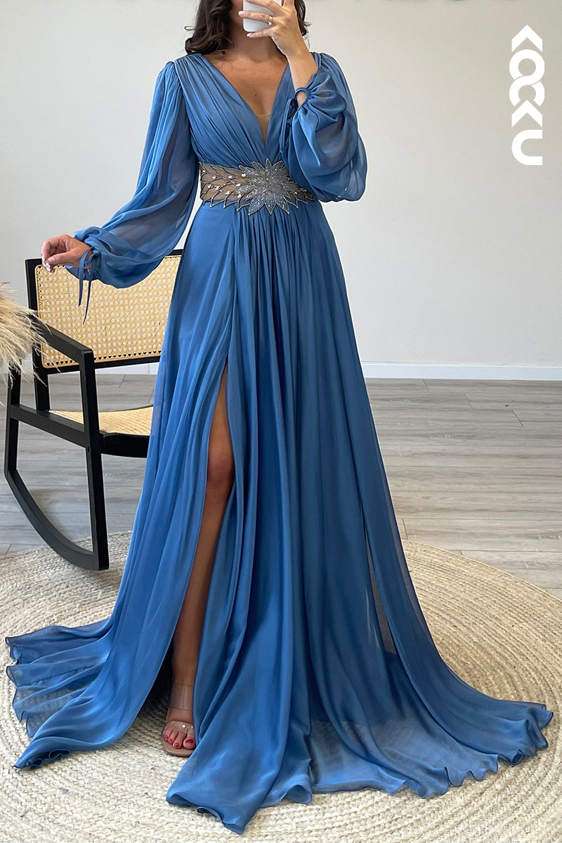 L1476 - V Neck Long Sleeves Chiffon Pleated A Line Long Semi Formal Dress