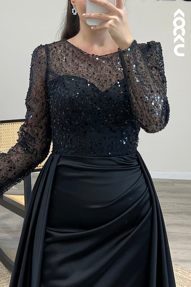 L1491 - Scoop Sheer Sequins Satin Mermaid Long Formal Dress for Wedding
